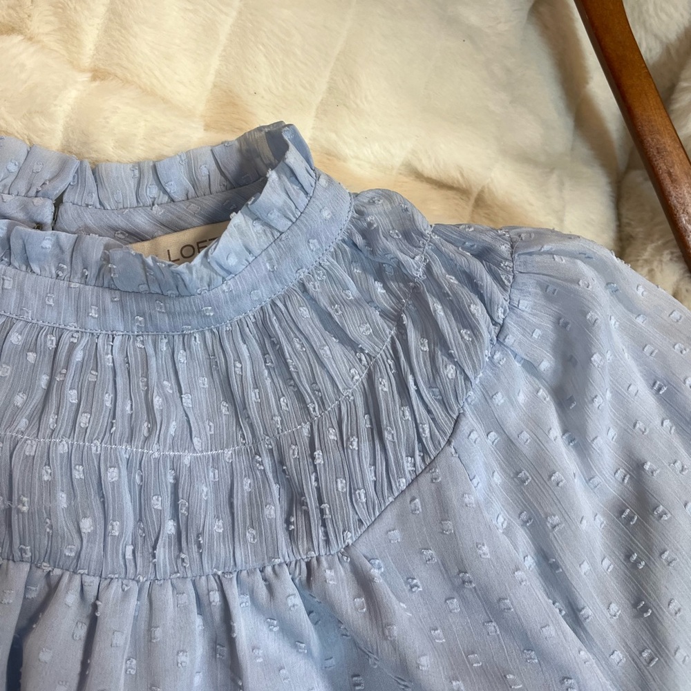 LOFT L Powder Light Blue Swiss Dot Sheer Sleeve Office Blouse Spring Summer City - Picture 2 of 12
